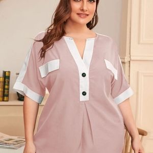 Plus size Curved Hem pleated front Pink White top